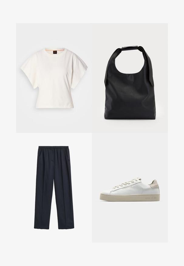 T-shirt blanc cintré, manches courtes et larges, en coton doux, décolleté rond avec une discrète bordure orange, design minimaliste, sans motifs ni graphiques.; Pantalons larges navy avec une taille élastique, deux poches latérales, texture de tissu douce et design fluide.; Sneaker en cuir blanc avec une finition lisse, accents en suède beige, bout arrondi, design à lacets plats et semelle en caoutchouc texturée.; Sac hobo en cuir noir avec une seule poignée ronde et douce ; présente une texture lisse et un design minimaliste. Pas de matériel ou d'accents visibles.