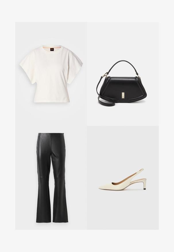 Bijeli skraćeni T-shirt, široke kratke rukave, mekani pamučni materijal, okrugli izrez s suptilnim narančastim detaljem, minimalistički dizajn, bez uzoraka ili grafika.; Crne hlače od umjetne kože visokog struka s flared nogavicama i detaljima na prednjem šavu, prikazane na jednobojnoj bijeloj pozadini.; Cipele s otvorenim petama u boji off-white, od kože, s uskim vrhom, niskom petom i izrezbarenim dizajnom, glatke teksture i minimalnim detaljima.; Crna kožna torba s strukturiranim dizajnom, s krojenim oblikom, gornjom drškom i zlatnim detaljima. Uključena je podesiva ramena traka.