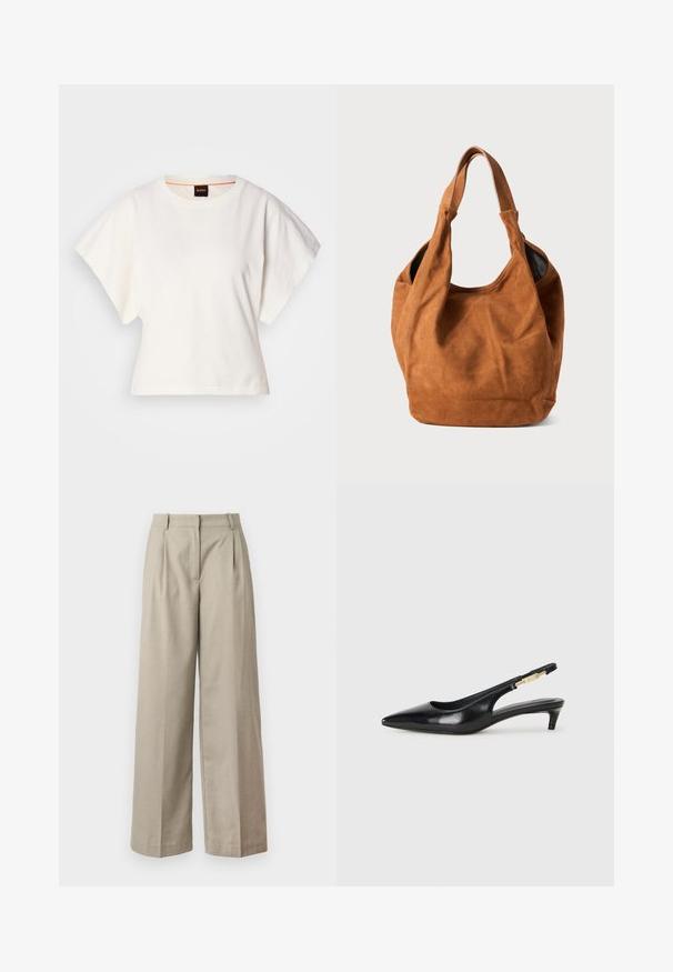 Baltas trumpas marškinėliai, plačios trumpomis rankovėmis, minkšta medvilnė, apvali kaklo iškirptė su subtiliu oranžiniu apvadu, minimalus dizainas, be raštų ar grafikų.; Smėlio spalvos plačios kelnės, pagamintos iš lygaus audinio, su prigludusia talija, klostėmis ir laisvu siluetu per kojas. Paprastas dizainas ir švarios linijos.; Juodas odinis pavasario batelių modelis su smailiu nosiu, turintis siaurą kulniuką ir auksinės spalvos akcentu reguliuojamoje juostoje. Lygi tekstūra.; Rudas zomšinis petinis krepšys su minkštu paviršiumi, išlenkta forma ir dviem rankenomis. Ypatybių sąraše minimalus dizainas be matomų metalinių detalių ar akcentų.