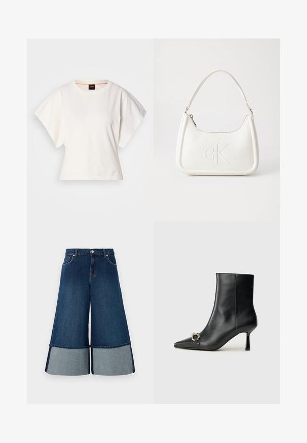 Bijeli skraćeni T-shirt, široke kratke rukave, mekani pamučni materijal, okrugli izrez s suptilnim narančastim detaljem, minimalistički dizajn, bez uzoraka ili grafika.; Traperice culotte u tamnonavoj boji s kontrastnim svijetloplavim rubom, širokog kroja i klasičnim dizajnom s pet džepova.; Crne kožne gležnjače s nazupčanim prstom, uskim srednje visokim potpeticama i detaljem srebrne kopče sa strane na jedinstvenoj pozadini.; Bijela kožna torba s zakrivljenim oblikom, koja na prednjoj strani ima utisnut logotip "CK" i jedan remen za nošenje preko ramena. Zatvaranje na munju na vrhu.