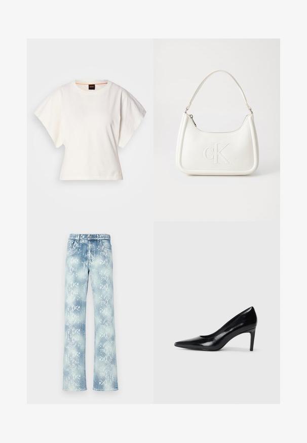 Valge lühikeste laiadte varrukatega lühike T-särk, pehme puuvillane materjal, ümar kaelus kergelt oranži ääristusega, minimaalne disain, ilma mustrite ja graafikateta.; Heledad sinise nahkhiiremustriga teksad, mille lõige on mugav, klassikalise vöökoha, tõmbluku ja kulunud servadega.; Mustmust musta kõrge kontsaga king, millel on terav varvas, sile tekstuur ja kitsenev konts. Minimalistlik disain, ilma täiendavate kaunistusteta.; Valge nahast käekott, millel on kumer kuju, esiküljel on reljeefne "CK" logo ja üks õlavarre rihm. Ülemine tõmblukkuu.