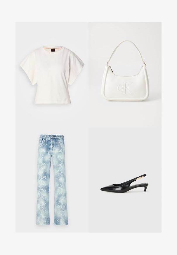 Valkoinen lyhythihainen t-paita, leveät lyhyet hihat, pehmeää puuvillamateriaalia, pyöreä pääntie jossa hienovarainen oranssi reunus, minimaalinen muotoilu, ei kuvioita tai graafisia elementtejä.; Vaaleansiniset käärmeennahkakuosiset farkut, joissa on rento malli, klassinen vyötärö, vetoketjusuljenta ja repaleiset helmats.; Mustat nahkaiset slingback-korkokengät, joissa on terävä kärki, ohuet korot ja kultasävytteinen yksityiskohta säädettävässä hihnassa. Silkkinen pinta.; Valkoinen nahkalaukku, jossa on kaareva muotoilu, etupuolella kohokuvioitu "CK" -logo ja yksi olkahihna. Vetoketjukiinnitys ylhäällä.