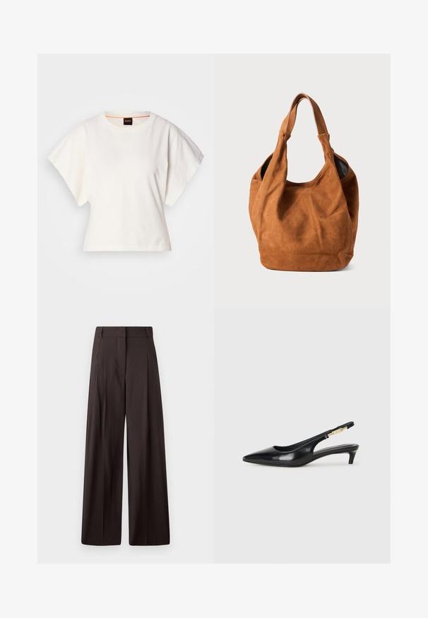 T-shirt branco cropped, mangas curtas e largas, material de algodão suave, decote redondo com um discreto acabamento laranja, design minimalista, sem padrões ou gráficos.; Calças largas pretas com cintura alta, apresentando pregas frontais, uma textura suave e um design minimalista.; Saltos slingback em couro preto com bico fino, apresentando um salto esguio e um detalhe em tom dourado na alça ajustável. Textura suave.; Bolsa de ombro em camurça castanha com uma textura suave, forma curva e duas alças. Apresenta um design minimalista, sem hardware ou detalhes visíveis.