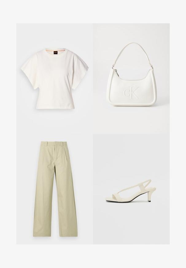 Hvid cropped T-shirt, korte brede ærmer, blødt bomuldsstof, rund halsudskæring med diskret orange kant, minimalistisk design uden mønstre eller grafik.; Bredde benbukser i lys beige bomuld, med flad front og plisseringer, bæltestropper og opsmøgede sømme. Glat tekstur og afslappet design.; Beige blokhælede sandaler med tynde remme og en firkantet tå. Glat materiale med minimal detaljering, designet til nem brug.; Hvid lædertaske med en buet form, der har et præget "CK"-logo på fronten og en enkelt skulderrem. Lynlåslukning i toppen.