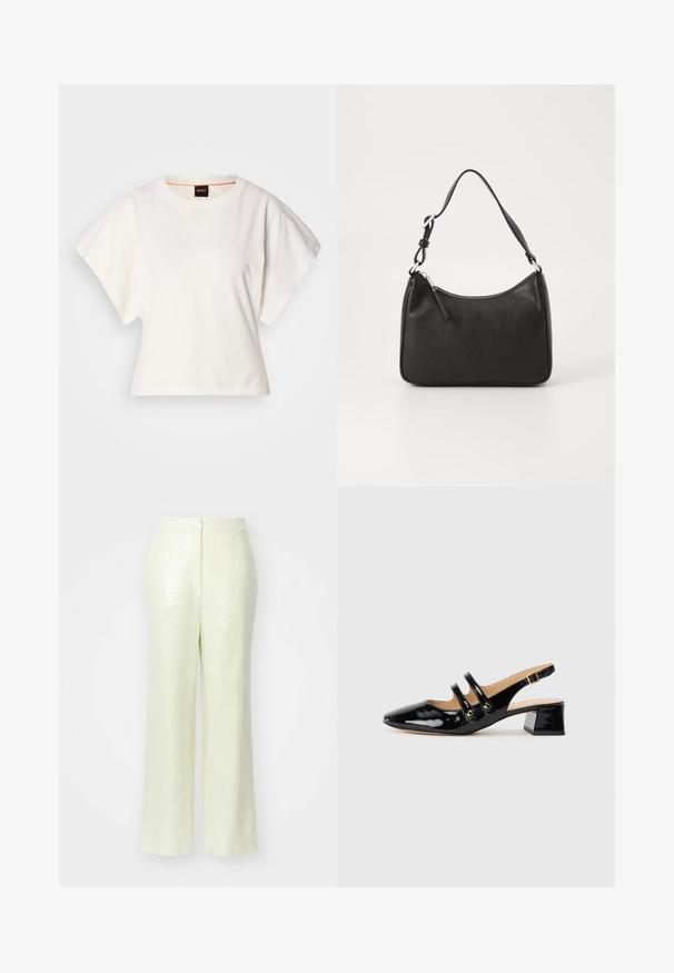 White cropped T-shirt, short wide sleeves, soft cotton material, round neckline with subtle orange trim, minimal design, no patterns or graphics.; Light yellow, sequined trousers with a wide-leg silhouette, featuring a smooth texture and a discreet back zipper for closure.; Black patent leather slingback shoe with pointed toe, two strap detail, gold circular accents, and a low block heel.; Black leather handbag with a curved shape, a single strap, zip closure, and subtle branding on the front. Smooth texture, minimalist design.