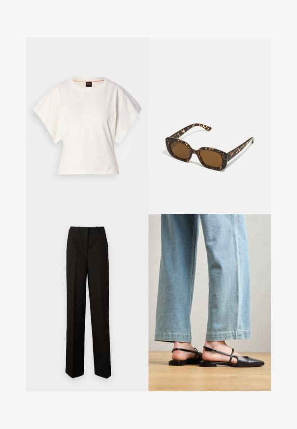 Biała, krótka koszulka z szerokimi rękawami, wykonana z miękkiej bawełny, okrągły dekolt z delikatnym pomarańczowym wykończeniem, minimalistyczny design, bez wzorów i grafik.; Czarne spodnie o dopasowanym kroju, wykonane z gładkiego materiału, z prostymi nogawkami, dwiema przednimi kieszeniami oraz gładkim przodem z szlufkami na pasek.; Czarne skórzane buty na plecaku z zakończeniem w szpic, płaskim obcasem i paskiem na kostce; noszone z jasnoniebieskimi spodniami w szerokie nogawki.; Okulary przeciwsłoneczne w kratkę z zaokrągloną, grubą oprawą i brązowymi soczewkami. Posiadają subtelne wzory oraz proste, zwężane zauszniki.; Torebka skórzana w kolorze tan z podwójnymi uchwytami i odpinanym paskiem na ramię. Posiada złoty zamek i teksturowaną powierzchnię.
