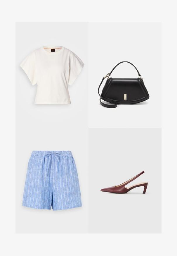 T-shirt blanc cintré, manches courtes et larges, en coton doux, décolleté rond avec une discrète bordure orange, design minimaliste, sans motifs ni graphiques.; Shorts en lin bleu clair avec des rayures verticales blanches, une taille élastique et un cordon de serrage noué à l'avant.; Escarpins bordeaux à bride arrière avec un bout pointu, des découpes sur le côté et un talon bloc de hauteur moyenne. Finition en cuir lisse.; Sac à main en cuir noir avec un design structuré, featuring une forme cropped, une poignée supérieure et des accents en matériel doré. Bandoulière réglable incluse.
