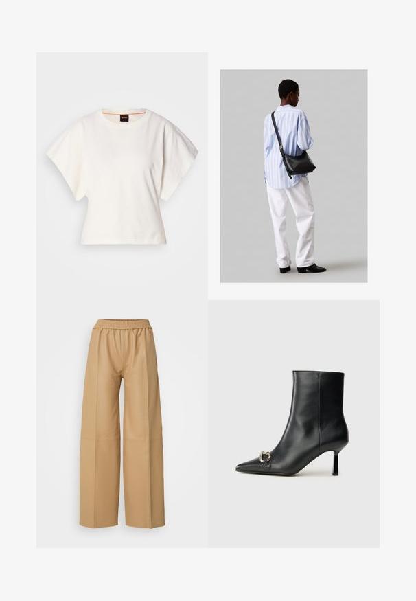 Hvid cropped T-shirt, korte brede ærmer, blødt bomuldsstof, rund halsudskæring med diskret orange kant, minimalistisk design uden mønstre eller grafik.; Beige faux læder vidde bukser med elastisk talje og lodret sømdetaljering, der har en glat, mat tekstur.; Sort læder ankelstøvle med spidse tæer, slank hæl i mellemhøjde og sølvspænde detaljer på siden mod en ensfarvet baggrund.; Sort læder skuldertaske med en blød tekstur, trekantet form og justerbar strop, kombineret med en lyseblå stribet skjorte og hvide bukser.