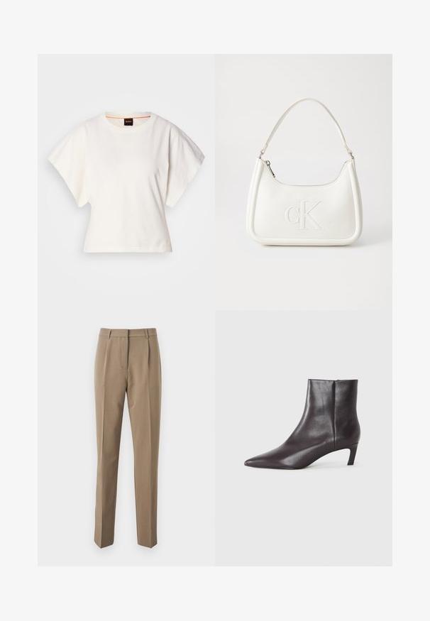 Bela skrajšana majica s kratkimi širokimi rokavi, mehka bombažna tkanina, okrogla ovratnica z diskretnim oranžnim robom, minimalističen dizajn, brez vzorcev ali grafike.; Rjave poslovne hlače iz gladkega materiala, z ravnim krojem, sprednjimi gubami in pasom z zankami za pas.; Črne usnjene gležnjarje s koničastim nosom in nizko mačjo peto, z gladkim površjem, stranskim zadrgo, prikazane na nevtralni podlagi.; Bela usnjena torbica s ukrivljeno obliko, ki na sprednji strani nosi vžgano logo "CK" in ima eno naramnico. Zadrga za zapiranje na vrhu.
