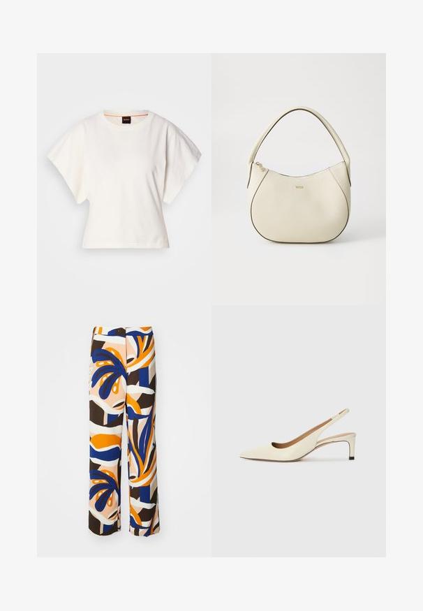 Weißes, kurzes T-Shirt, kurze weite Ärmel, weicher Baumwollstoff, runder Ausschnitt mit subtilen orangefarbenen Akzenten, minimales Design, keine Muster oder Grafiken.; Bequeme weit geschnittene Hose mit einem mehrfarbigen Muster in Blau-, Orange- und Brauntönen. Hergestellt aus leichtem Stoff mit abstrakten Blumenmustern.; Spitz zulaufender Slingback-Schuh aus cremefarbenem Leder, ausgestattet mit einem niedrigen Absatz und einem ausgeschnittenen Design mit glatter Textur und minimalen Akzenten.; Cremfarbener Handtasche mit strukturiertem Finish, gebogener Form, kurzem Griff und Logo-Detail in Gold. Reißverschlussverschluss oben.