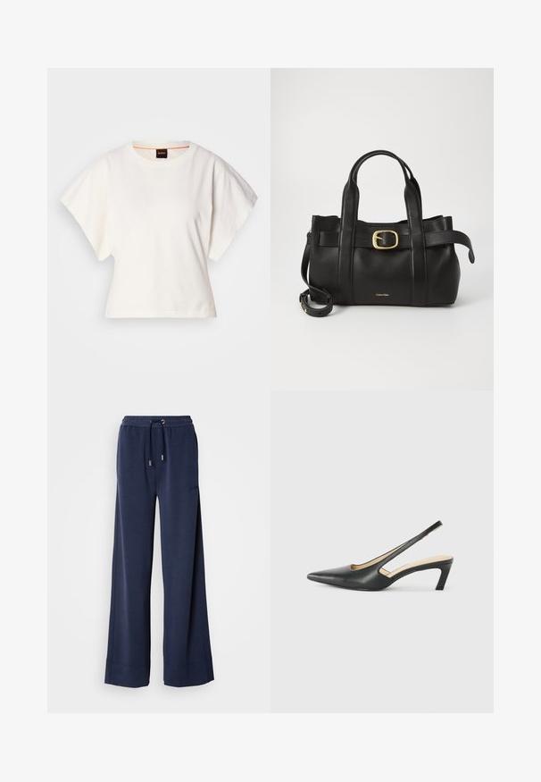 T-shirt branco cropped, mangas curtas e largas, material de algodão suave, decote redondo com um discreto acabamento laranja, design minimalista, sem padrões ou gráficos.; Calças largas de marinheiro, feitas de tecido suave, com um cós elástico e cordão, além de detalhe de logó no lado esquerdo da perna.; Sandal com bico fino e calcanhar baixo, em couro liso, com um design recortado na lateral para respirabilidade.; Bolsa de couro preto com um design estruturado, alças superiores duplas, detalhe de fivela em tom dourado e logotipo da marca em relevo na frente.