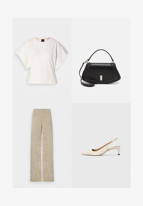Bela skrajšana majica s kratkimi širokimi rokavi, mehka bombažna tkanina, okrogla ovratnica z diskretnim oranžnim robom, minimalističen dizajn, brez vzorcev ali grafike.; Hlače z visokim pasom in širokimi nogavicami iz svetlo bež kordura, z vertikalnimi rebri in mehko teksturo. Ravni pas za udobje.; Sandal z visokim prstom iz belega usnja, ki ima nizek peto in izrezljan dizajn z gladko teksturo in minimalnimi poudarki.; Črna usnjena torbica s strukturnim dizajnom, ki ima skrajšano obliko, zgornji ročaj in zlate dodatke. Vključena je nastavljiva ramenska naramnica.