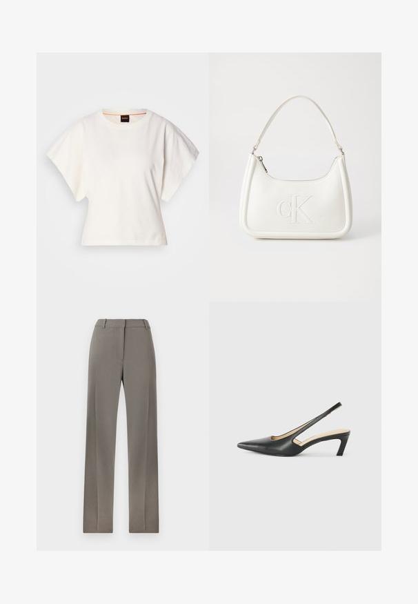 T-shirt bianca cropped, maniche corte e larghe, tessuto di cotone morbido, scollatura rotonda con bordino arancione sottile, design minimale, senza motivi o grafiche.; Pantaloni grigi su misura con un design a gamba dritta, parte anteriore piatta e texture sottile. Tessuto morbido e vita standard con passanti per cintura.; Scarpa slingback nera con punta affilata e tacco basso, realizzata in pelle liscia e con un design a taglio laterale per favorire la traspirabilità.; Borsa a tracolla in pelle bianca con forma curva, dotata di un logo "CK" impresso sul davanti e una singola tracolla. Chiusura a zip nella parte superiore.