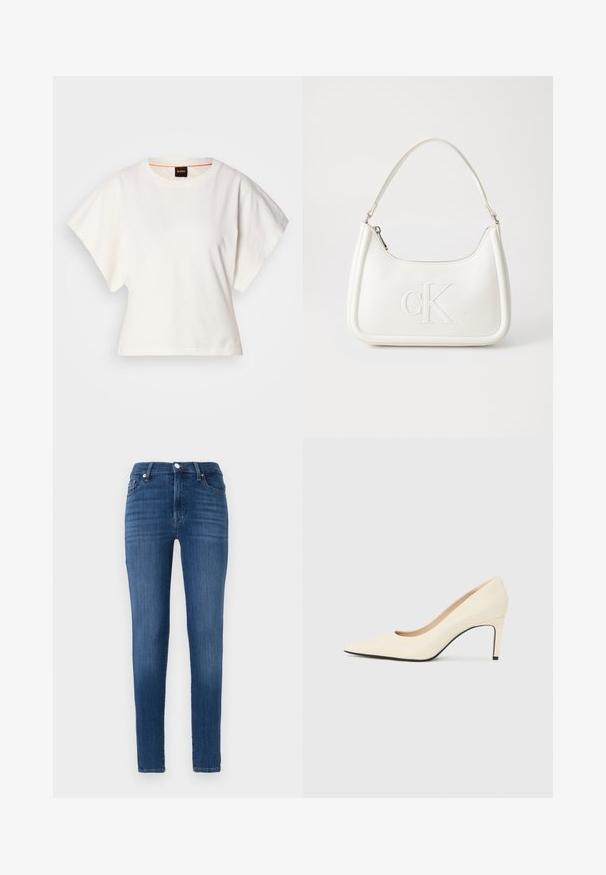 Valge lühikeste laiadte varrukatega lühike T-särk, pehme puuvillane materjal, ümar kaelus kergelt oranži ääristusega, minimaalne disain, ilma mustrite ja graafikateta.; Kitsad teksad tumedast sinisest denimist. Omavad kõrget vööd, esikotte ja peent kulumist. Sirge sääre lõige koos ääristõmblustega.; Valge nahast kõrge kontsaga king, millel on terav nina, sile tekstuur ja musta värvi tallanipits. Klassikaline disain mõõduka kontsahaightusega.; Valge nahast käekott, millel on kumer kuju, esiküljel on reljeefne "CK" logo ja üks õlavarre rihm. Ülemine tõmblukkuu.