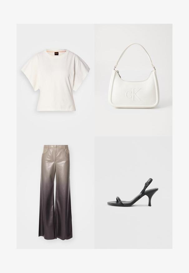 White cropped T-shirt, short wide sleeves, soft cotton material, round neckline with subtle orange trim, minimal design, no patterns or graphics.; Wide-leg pants in a gradient of metallic beige to dark gray, featuring a smooth, shiny texture with standard pockets and a waistband.; Black leather high-heeled sandals with a slim, curved heel and a crossed strap design. Adjustable ankle strap. Smooth texture.; White leather handbag with a curved shape, featuring an embossed "CK" logo on the front and a single shoulder strap. Zipper closure at top.