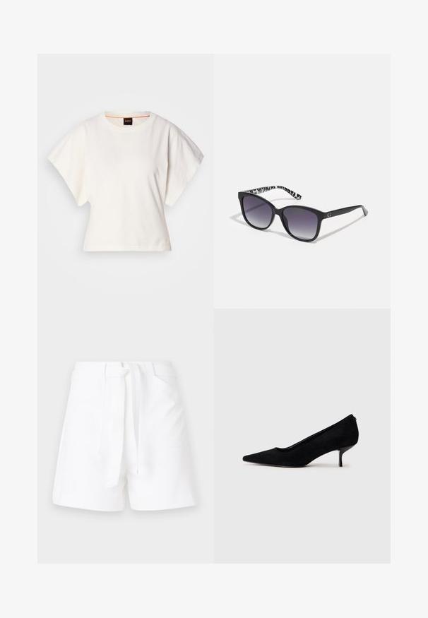 Biała, krótka koszulka z szerokimi rękawami, wykonana z miękkiej bawełny, okrągły dekolt z delikatnym pomarańczowym wykończeniem, minimalistyczny design, bez wzorów i grafik.; Białe szorty z wiązaniem w talii, z dwoma bocznymi kieszeniami i gładkim, strukturalnym materiałem. Klasyczny krój z czystymi liniami.; Czarny zamszowy but na wysokim obcasie z wydłużonym noskiem i smukłym, niskim obcasem. Gładka tekstura z eleganckim wzornictwem, bez widocznych elementów metalowych.; Czarne okulary przeciwsłoneczne z gradientowymi soczewkami, w kształcie kwadratu, z teksturowanym czarno-białym wzorem na zauszniku. Posiadają srebrny akcent w postaci logo.