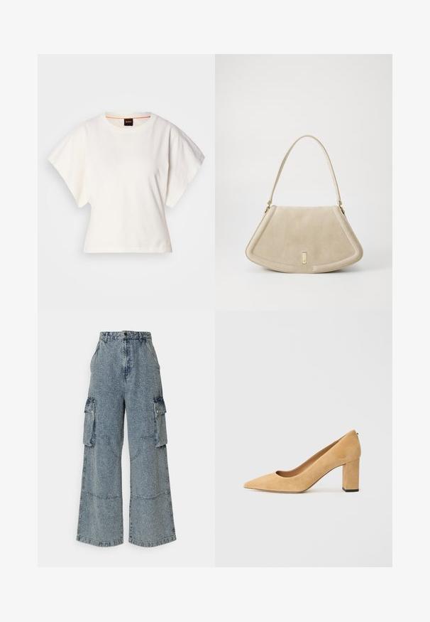 White cropped T-shirt, short wide sleeves, soft cotton material, round neckline with subtle orange trim, minimal design, no patterns or graphics.; Light blue wide-leg denim cargo pants featuring front and side pockets, a textured finish, and visible stitching details.; Beige suede high-heeled pump with a pointed toe and a chunky block heel. The material has a soft texture with a smooth finish.; Beige suede handbag with a rounded triangular shape, a single strap, and a gold-tone hardware accent on the front.