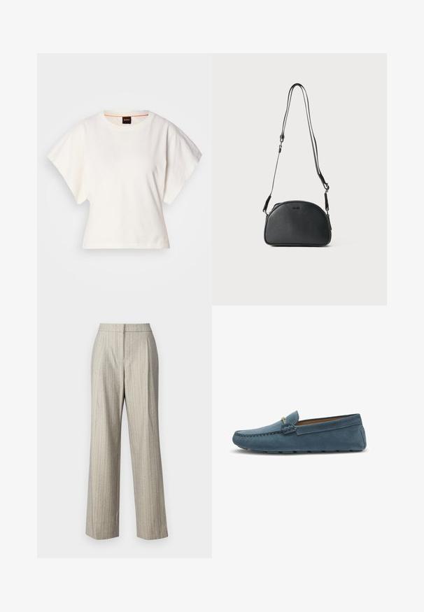 White cropped T-shirt, short wide sleeves, soft cotton material, round neckline with subtle orange trim, minimal design, no patterns or graphics.; Light gray, high-waisted trousers with subtle pinstripes and a slightly textured fabric. Straight leg design with a tailored finish.; Blue suede loafers with a flat sole, featuring a stitched design along the edges and a decorative metal accent at the front.; Black leather crossbody bag with a rounded shape, two adjustable straps, and a subtle logo on the front. Textured exterior, minimalistic design.