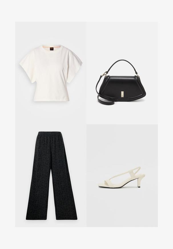 Bijeli skraćeni T-shirt, široke kratke rukave, mekani pamučni materijal, okrugli izrez s suptilnim narančastim detaljem, minimalistički dizajn, bez uzoraka ili grafika.; Crne široke hlače s elastikom u struku, ukrašene suptilnim cvjetnim uzorkom obrubljenim tamnijom nijansom. Glatka tekstura tkanine.; Bež sandale na blok petu s tankim remenčićima i kvadratnim vrhom. Glatki materijal s minimalnim detaljima, dizajnirane za jednostavno nošenje.; Crna kožna torba s strukturiranim dizajnom, s krojenim oblikom, gornjom drškom i zlatnim detaljima. Uključena je podesiva ramena traka.