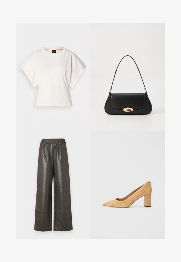 Hvid cropped T-shirt, korte brede ærmer, blødt bomuldsstof, rund halsudskæring med diskret orange kant, minimalistisk design uden mønstre eller grafik.; Bredde ben, mørke olivengrønne bukser i faux læder med en elastisk talje og midtersynsdetaljer, der har en glat, blank tekstur.; Beige ruskind højhælede pumper med spidse tæer og en kraftig blokhæl. Materialet har en blød tekstur med en glat overflade.; Sort læderhåndtaske med et buet design, guldfarvet hardware og en øverste håndtag. Har en strømlinet lukning og en glat tekstur.