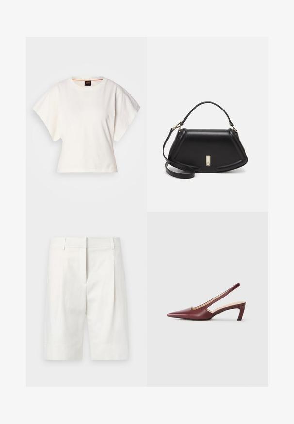 White cropped T-shirt, short wide sleeves, soft cotton material, round neckline with subtle orange trim, minimal design, no patterns or graphics.; Light-colored tailored shorts made of cotton, featuring a flat front, pleats, and a straight cut. Smooth texture with a classic finish.; Burgundy slingback heels with a pointed toe, cutout details on the side, and a mid-height block heel. Smooth leather finish.; Black leather handbag with a structured design, featuring a cropped shape, top handle, and gold hardware accent. Adjustable shoulder strap included.