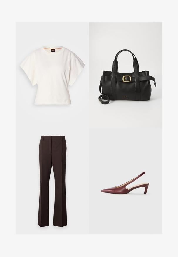 Balts īsais T-krekls, plašas īsas piedurknes, mīksts kokvilnas materiāls, apaļa kakla izgriezums ar delikātu oranžu apdari, minimāls dizains, bez rakstiem vai grafikām.; Samsøe Samsøe SALOT TROUSERS - Auduma bikses - chocolate torte; Burgundijas krāsas slingback papēži ar norādītu purngalu, sānu izgriezumiem un vidēja auguma bloku papēdi. Gluda ādas apdare.; Melnas ādas rokassoma ar strukturētu dizainu, divām augšējām rokturām, zelta toņa sprādzes akcentu un iegravētu zīmola logo priekšpusē.