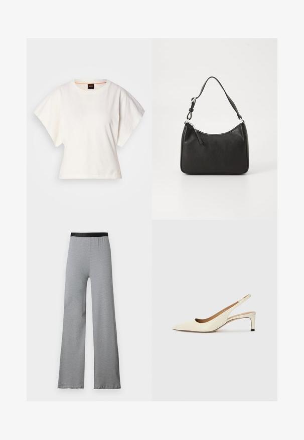 Bela skrajšana majica s kratkimi širokimi rokavi, mehka bombažna tkanina, okrogla ovratnica z diskretnim oranžnim robom, minimalističen dizajn, brez vzorcev ali grafike.; Črno-bela prugasta široka hlača z gladkim elastičnim pasom. Lahka tkanina z vodoravno vzorcem čez celotno površino.; Sandal z visokim prstom iz belega usnja, ki ima nizek peto in izrezljan dizajn z gladko teksturo in minimalnimi poudarki.; Črna usnjena torba za roke s ukrivljenim oblikom, enim trakom, zadrgo in diskretnim blagovnim znamkom na sprednjem delu. Gladka tekstura, minimalističen dizajn.