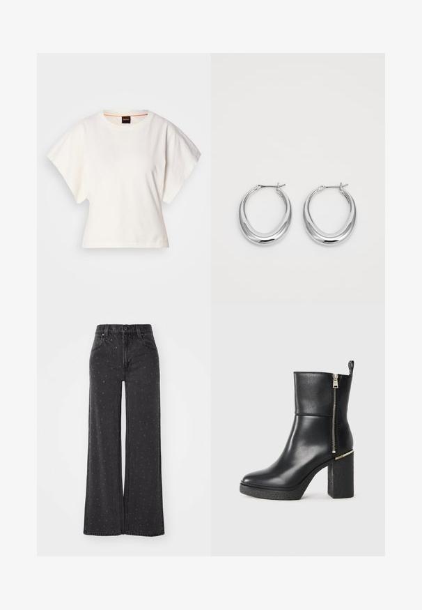 Balts īsais T-krekls, plašas īsas piedurknes, mīksts kokvilnas materiāls, apaļa kakla izgriezums ar delikātu oranžu apdari, minimāls dizains, bez rakstiem vai grafikām.; Augsta vidukļa melni džinsi ar plašām kājām, ar maziem izšūtiem punktiem, piecām kabatām un metāla pogu aizdari. Izgatavoti no denima auduma.; Melnas potītes zābaki, kas izgatavoti no gludas ādas, ar sānu rāvējslēdzēju un teksturētu bloku papēdi. Novilcamas konstrukcijas ar noapaļotu purngalu.; Pulētas sudraba pusmēness formas auskaru pāris ar eņģu sprādzēm uz balta fona.