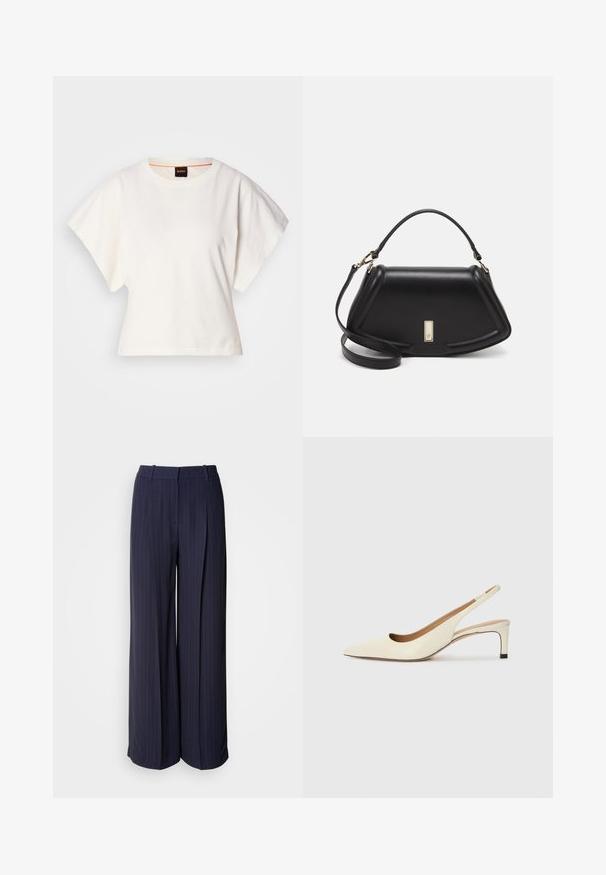 Weißes, kurzes T-Shirt, kurze weite Ärmel, weicher Baumwollstoff, runder Ausschnitt mit subtilen orangefarbenen Akzenten, minimales Design, keine Muster oder Grafiken.; Marinefarbene weite Hosen im Streifenmuster. Mit hoher Taille, eingeprägten Falten und einer glatten Textur. Eignen sich für formelle Anlässe.; Spitz zulaufender Slingback-Schuh aus cremefarbenem Leder, ausgestattet mit einem niedrigen Absatz und einem ausgeschnittenen Design mit glatter Textur und minimalen Akzenten.; Schwarze Lederhandtasche mit einem strukturierten Design, das eine verkürzte Form, einen oberen Griff und goldfarbene Hardware-Details aufweist. Verstellbarer Schulterriemen ist enthalten.; Silberne Creolen mit einer glatten Oberfläche und einer Reihe kleiner klarer Steine entlang der unteren Kante, mit einer Steckverschluss.