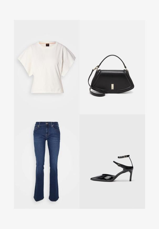 Hvit cropped T-skjorte, korte vide ermer, myk bomullsmateriale, rund halslinning med subtilt oransje kantbånd, minimalistisk design, uten mønstre eller grafikk.; Uformede blå jeans laget av denim, med høy livhøyde, frontlommer og kontraststing. Stoffet har en glatt tekstur.; Sorte lakkede hæle med spids tå, justerbare ankelstropper og en slank hæl. Glat tekstur med en skinnende overflade.; Sort lærveske med en strukturert design, som har en avkortet form, topphåndtak og detaljer i gull. Justerbar skulderstropp inkludert.