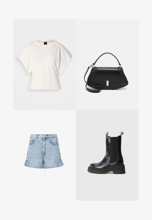 White cropped T-shirt, short wide sleeves, soft cotton material, round neckline with subtle orange trim, minimal design, no patterns or graphics.; Light blue denim shorts with a frayed hem, featuring side ruffles, front pockets, and a button closure with a zip fly.; Black ankle boot with elastic side panels and pull tabs, featuring a chunky sole labeled "TOMMY." Simple, sleek design against a white background.; Black leather handbag with a structured design, featuring a cropped shape, top handle, and gold hardware accent. Adjustable shoulder strap included.