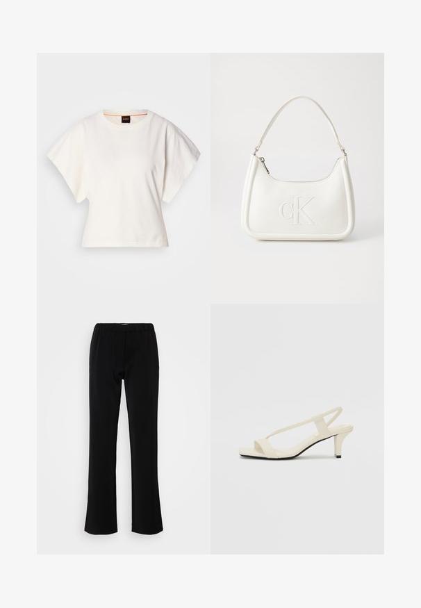 White cropped T-shirt, short wide sleeves, soft cotton material, round neckline with subtle orange trim, minimal design, no patterns or graphics.; Black pants with a flared design, made from a smooth fabric. Features an elastic waistband for comfort and a clean, simple silhouette.; Beige block-heeled sandals with thin straps and a square toe. Smooth material with minimal detailing, designed for easy wear.; White leather handbag with a curved shape, featuring an embossed "CK" logo on the front and a single shoulder strap. Zipper closure at top.