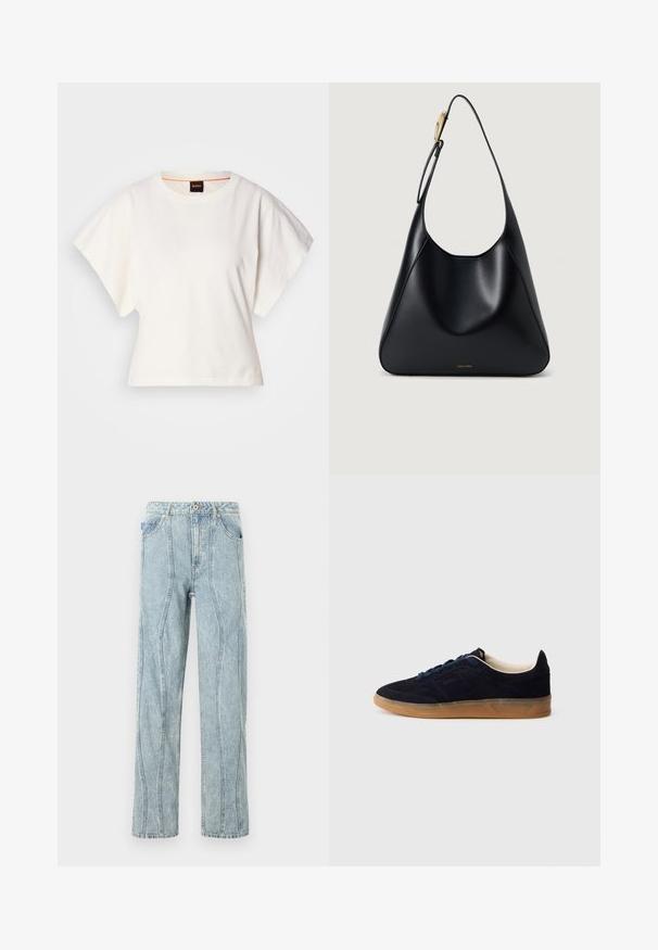 Bílý zkrácený T-shirt, krátké široké rukávy, měkký bavlněný materiál, kulatý výstřih s jemným oranžovým lemováním, minimalistický design, bez vzorů nebo grafik.; Světlé modré džínové kalhoty s rovnými nohavicemi, které mají vertikální švy a klasický design se pěti kapsami.; Námořnicky modrá semišová teniska s podrážkou z gumové pryže, modrými tkaničkami a minimalistickým designem. Na boku je vyražené logo a uvnitř je hladká podšívka.; Černá kožená kabelka přes rameno se hladkým povrchem, zakřiveným siluetou a zlatým kováním. Na spodní straně je vyražené logo značky.