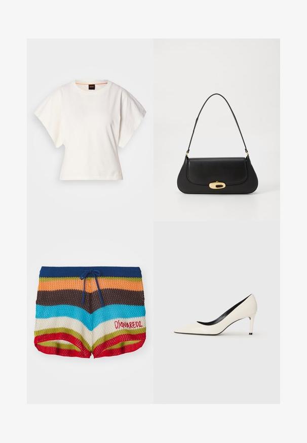 T-shirt blanc cintré, manches courtes et larges, en coton doux, décolleté rond avec une discrète bordure orange, design minimaliste, sans motifs ni graphiques.; Shorts en tricot à rayures horizontales en bleu, orange, marron, turquoise, crème, vert et rouge, avec un cordon de serrage bleu marine et un logo "Dsquared2" rouge.; Pompe à talon haut en cuir verni blanc avec un bout pointu, un talon fin et des détails intérieurs noirs. Texture lisse et design épuré.; Sac à main en cuir noir avec un design incurvé, matériel doré et une poignée sur le dessus. Présente une fermeture élégante et une texture lisse.