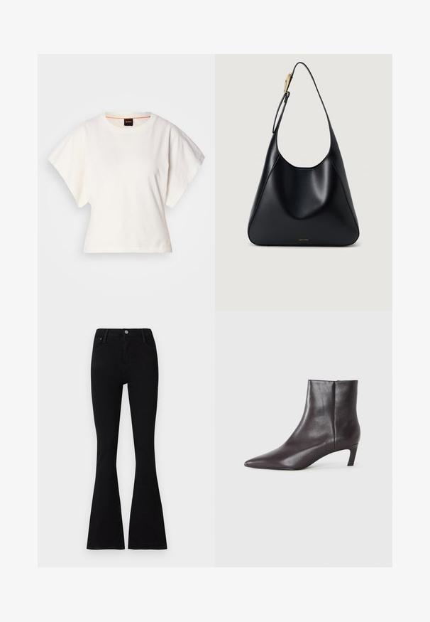 Vit kortärmad T-shirt, korta vida ärmar, mjukt bomullsmaterial, rund halsringning med subtila orange detaljer, minimal design, inga mönster eller grafik.; Svarta utsvängda jeans i denimtyg, med hög midja, framfickor och metallknappstängning. Slät yta och figurnära design.; Svart läderankelboot med spetsig tå och låg kittenklack, slät yta, sidogzipper, visad mot en neutral bakgrund.; Svart läderaxelväska med en slät yta, böjd silhuett och en gulddetalj. Har en präglad logotyp vid basen.