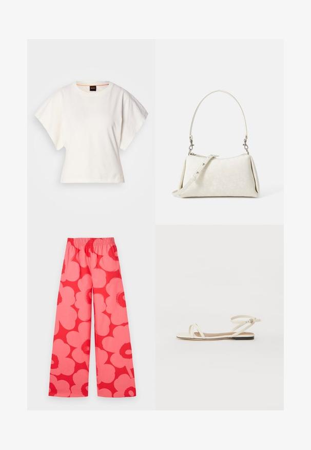 Witte gecropte T-shirt, korte brede mouwen, zachte katoenmaterialen, ronde halslijn met subtiele oranje rand, minimalistisch ontwerp, geen patronen of graphics.; Marimekko VOIMAKUKKA UNIKKO - Broek - red/pink; Platte sandalen van crème leer met dunne kruisbanden, enkelband met gespsluiting, minimalistisch ontwerp en een contrasterende zwarte zool.; Witte handtas met een gladde textuur, gebogen silhouet en verstelbare schouderriem. Voorzien van een subtiel logo-patroon en zilveren hardware-accenten.