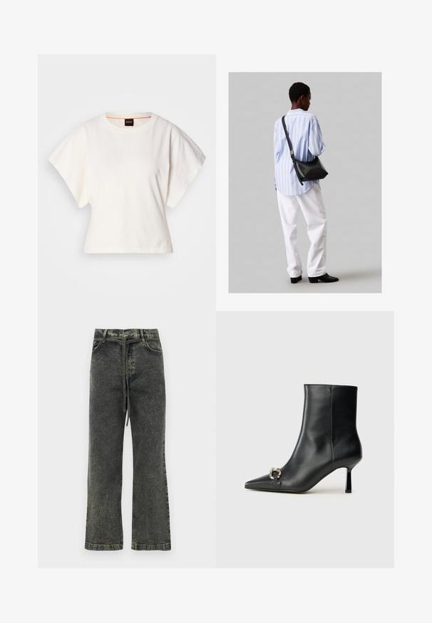 Fehér, rövid, bő ujjú, crop szabású póló, puha pamut anyagból, kerek nyakkivágással, finom narancssárga díszítéssel, minimalista dizájn, minta vagy grafika nélkül.; Fekete farmernadrág egyenesszárú fazonnal, finoman kopott textúrával, gombos zárással és elülső zsebekkel.; Fekete bőr bokacsizma hegyes orral, vékony közép magasságú sarokkal és ezüst csattal az oldalon, sima háttér előtt.; Fekete bőr válltáska puha tapintással, háromszög alakú, állítható pánttal, világoskék csíkos inggel és fehér nadrággal párosítva.