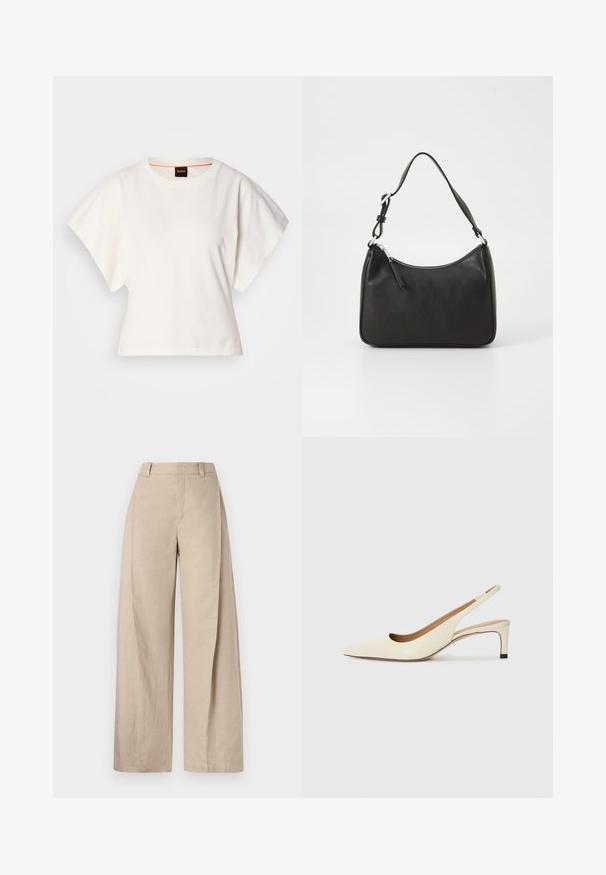 T-shirt blanc cintré, manches courtes et larges, en coton doux, décolleté rond avec une discrète bordure orange, design minimaliste, sans motifs ni graphiques.; Pantalons larges en lin beige à taille haute, avec une texture lisse et des lignes épurées, conçus pour un ajustement décontracté.; Chaussure slingback à bout pointu en cuir blanc cassé, avec un petit talon et un design découpé, dotée d'une texture lisse et de détails minimalistes.; Sac à main en cuir noir avec une forme courbée, une seule sangle, fermeture éclair et un logo discret à l'avant. Texture lisse, design minimaliste.