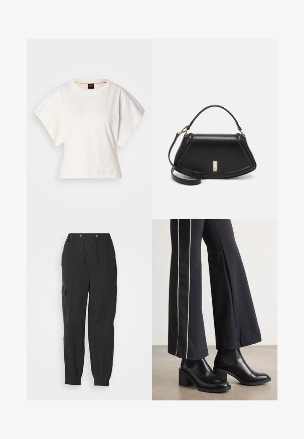 Bílý zkrácený T-shirt, krátké široké rukávy, měkký bavlněný materiál, kulatý výstřih s jemným oranžovým lemováním, minimalistický design, bez vzorů nebo grafik.; Černé cargo kalhoty s elastickým páskem, šňůrkou na stažení a bočními kapsami; zúžené nohavice s manžetami. Vyrobeny z lehkého materiálu.; Černé kožené kotníkové boty na blokovém podpatku, s elastickými bočními panely. V kombinaci s černými kalhotami, které mají bílý boční pruh.; Černá kožená kabelka se strukturovaným designem, jejíž tvar je zkrácený, má horní rukojeť a zlaté kovové detaily. Součástí je i nastavitelný ramenní popruh.