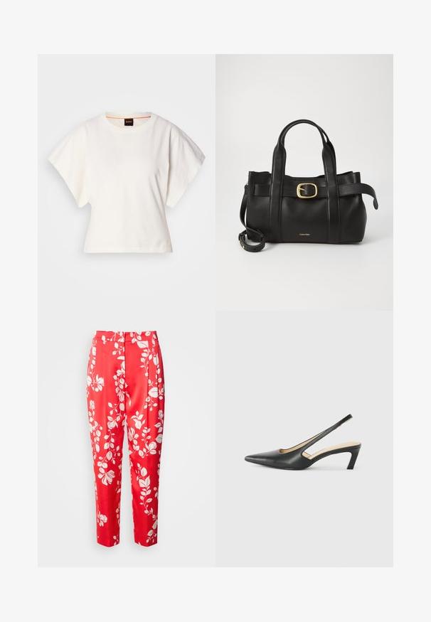 T-shirt blanc cintré, manches courtes et larges, en coton doux, décolleté rond avec une discrète bordure orange, design minimaliste, sans motifs ni graphiques.; Pantalons rouges en tissu lisse avec un motif floral blanc. Ils ont une coupe ajustée avec une taille haute et une longueur cropped.; Slingback noir à bout pointu avec un petit talon, en cuir lisse et doté d'un design découpé sur le côté pour plus de respirabilité.; Sac à main en cuir noir présentant un design structuré, deux poignées supérieures, un accent de boucle en ton doré et un logo de la marque en relief à l'avant.