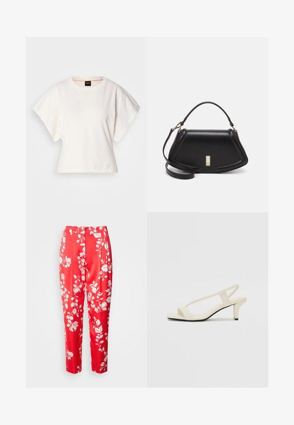 Valge lühikeste laiadte varrukatega lühike T-särk, pehme puuvillane materjal, ümar kaelus kergelt oranži ääristusega, minimaalne disain, ilma mustrite ja graafikateta.; Sileid punased püksid, mis on valmistatud siledast kangast ja millel on valge lillemuster. Neil on kohandatud lõige, kõrge vöökoht ja lühike pikkus.; Beez blok-kandadesed õhukeste rihmadega ja ruudukujulise varbaga. Sile materjal minimaalsete detailidega, kujundatud mugavaks kandmiseks.; Must mustrist käekott, millel on struktureeritud disain, lühendatud kuju, ülemine käepide ja kuldne metallist detail. Reguleeritav õlalihm on kaasas.