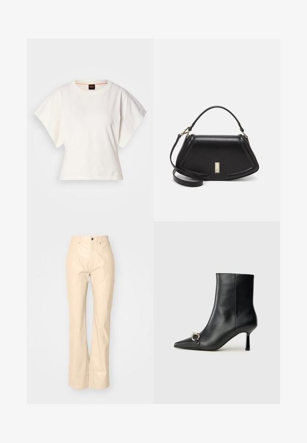 Valge lühikeste laiadte varrukatega lühike T-särk, pehme puuvillane materjal, ümar kaelus kergelt oranži ääristusega, minimaalne disain, ilma mustrite ja graafikateta.; Beezhiv faux nahkust flared püksid sujuva tekstuuriga, esikottide, nööbiga sulgemise ja peene läikiva viimistlusega.; Must mustanvärvi nahast pahklinetopp, millel on terav nina, peen keskmise kõrgusega konts ja hõbedane keha detail külgedel, taustal lihtne taust.; Must mustrist käekott, millel on struktureeritud disain, lühendatud kuju, ülemine käepide ja kuldne metallist detail. Reguleeritav õlalihm on kaasas.