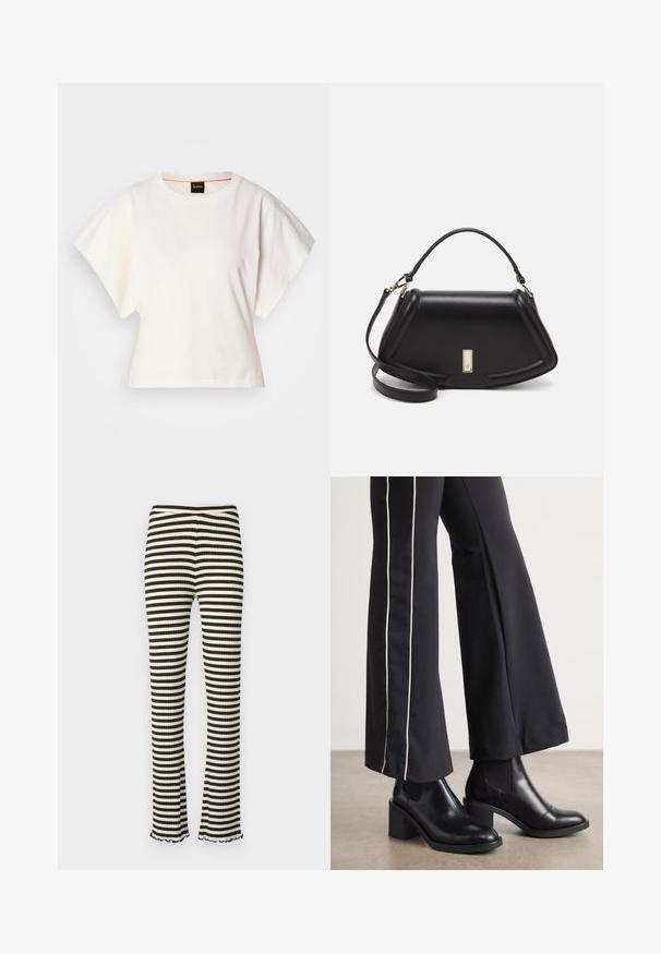 Balts īsais T-krekls, plašas īsas piedurknes, mīksts kokvilnas materiāls, apaļa kakla izgriezums ar delikātu oranžu apdari, minimāls dizains, bez rakstiem vai grafikām.; Mads Nørgaard STRIPE LONNIE PANTS - Auduma bikses - rosin/vanilla ice; Melnas ādas potīšu zābaki ar blokveida papēdi, aprīkoti ar elastīgām sānu paneļiem. Kombinēti ar melniem biksēm, kuru sānos ir baltas svītras.; Melnas ādas roku soma ar struktūru, ar īsu formu, augšējo rokturi un zelta aksesuāriem. Iekļauta regulējama plecu siksna.