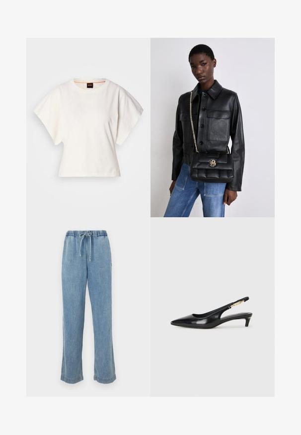 Fehér, rövid, bő ujjú, crop szabású póló, puha pamut anyagból, kerek nyakkivágással, finom narancssárga díszítéssel, minimalista dizájn, minta vagy grafika nélkül.; Világoskék farmernadrág elasztikus derékkal, zsinórral és felgöngyölt szárakkal. Egyenes lábú dizájn, laza illeszkedéssel.; Fekete bőr slingback magassarkúk, hegyes orral, vékony sarkakkal és arany színű részlettel a állítható pánton. Simа felület.; Fekete bőrkabát gombos záródással és két elülső zsebbel, fekete steppelt kézitáskával párosítva, amely arany csattal és lánc pánttal rendelkezik.