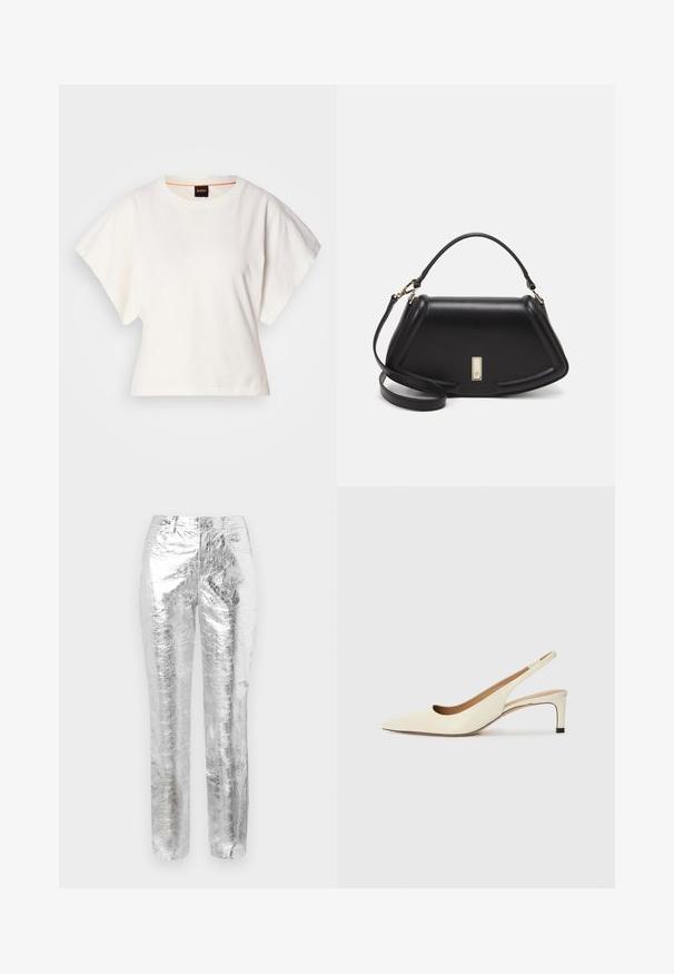 Bijeli skraćeni T-shirt, široke kratke rukave, mekani pamučni materijal, okrugli izrez s suptilnim narančastim detaljem, minimalistički dizajn, bez uzoraka ili grafika.; Srebrne, metalik hlače s nabranom teksturom. Dizajn ravnih nogavica, bočni džepovi i zatvaranje na rajsferšlus. Glatka i reflektirajuća površina.; Cipele s otvorenim petama u boji off-white, od kože, s uskim vrhom, niskom petom i izrezbarenim dizajnom, glatke teksture i minimalnim detaljima.; Crna kožna torba s strukturiranim dizajnom, s krojenim oblikom, gornjom drškom i zlatnim detaljima. Uključena je podesiva ramena traka.