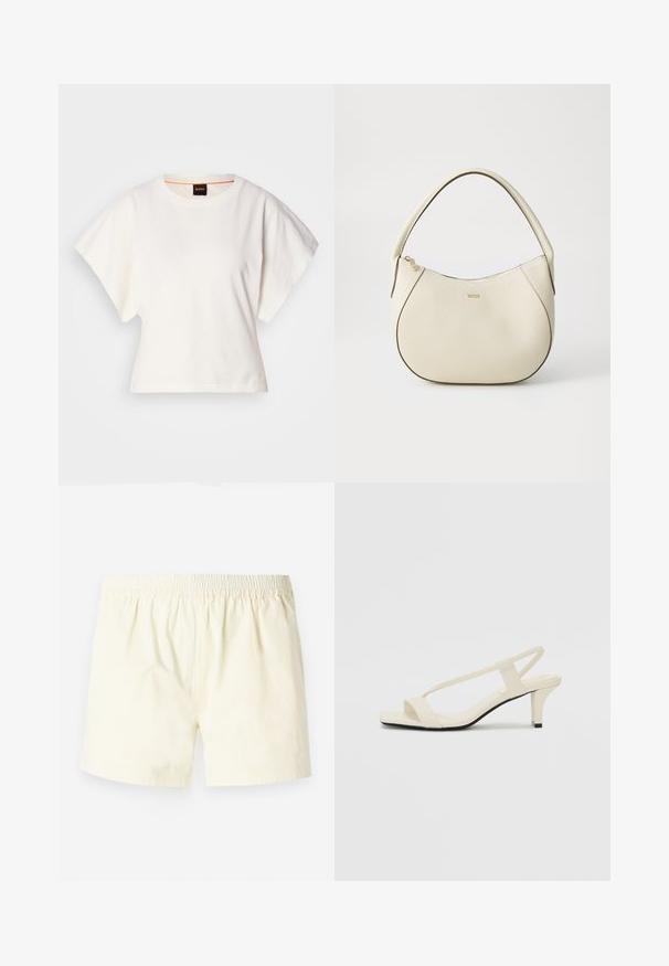 Balts īsais T-krekls, plašas īsas piedurknes, mīksts kokvilnas materiāls, apaļa kakla izgriezums ar delikātu oranžu apdari, minimāls dizains, bez rakstiem vai grafikām.; Gaišdzeltenas kokvilnas šorti ar elastīgu jostasvietu, kas piedāvā brīvu piegriezumu un gludu tekstūru, bez redzamām rakstām vai akcentiem.; Beige bloku papēžu sandales ar plānām siksnām un kvadrāta formas purngalu. Gluda materiāla virsma ar minimālām detaļām, paredzētas ērtai nēsāšanai.; Krēmkrāsas rokassoma ar teksturētu virsmu, izliekta forma, īss rokturis un zelta tonī logo detaļa. Vāciņš ar rāvējslēdzēju augšpusē.
