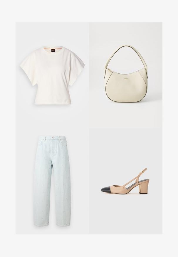 Bílý zkrácený T-shirt, krátké široké rukávy, měkký bavlněný materiál, kulatý výstřih s jemným oranžovým lemováním, minimalistický design, bez vzorů nebo grafik.; Světlezelené denimové džíny s volným střihem, zdobené vystouplými tečkami, pěti kapsami a knoflíkovým zapínáním v pase.; Béžová sandálová obuv se černou špičkou, blokovým podpatkem a zlatým páskem s přezkou na bílém pozadí.; Kabelka krémové barvy s texturovaným povrchem, zakřiveným tvarem, krátkým uchopením a zlatým logem. Zapínání na zip na vrchu.
