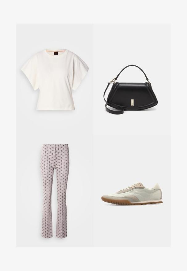 Vit kortärmad T-shirt, korta vida ärmar, mjukt bomullsmaterial, rund halsringning med subtila orange detaljer, minimal design, inga mönster eller grafik.; Uppvikta byxor i ljusrosa tyg med ett intrikat cirkulärt mönster i svart. Strukturerad design med hög midja och subtila sömdetaljer.; Vit och beige sneaker med en slät ovandel och mockadetaljer, en strukturerad sula och ton-i-ton sömnad. Snörning med logotypdetalj.; Svart läderhandväska med en strukturerad design, som har en avskuren form, ett handtag upptill och guldiga detaljer. Justerbar axelrem ingår.