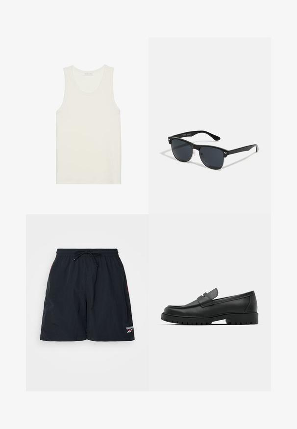 Pruhovaný bílý top bez rukávů s kulatým výstřihem a širokými ramínky, vyrobený z měkké, strukturované tkaniny, s rovním lemem.; Černé sportovní kraťasy vyrobené z lehkého materiálu, s elastickým pasem a šňůrkou, a malým logem Reebok na lemu.; Černé kožené mokasíny s kulatou špičkou, zdobené prošitím, s nízkou platformou a texturovanou gumovou podrážkou s drážkováním.; Černé sluneční brýle s obdélníkovým tvarem, tmavými skly, stříbrnými akcenty na spáncích a matným povrchem rámu.