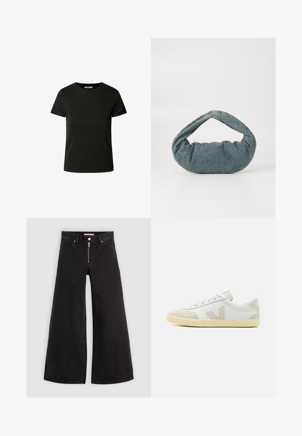 Sort kortærmet t-shirt lavet af blødt stof. Har rund halsudskæring og subtilt broderet logo på brystet.; Vide ben jeans i sort denim med lynlås foran, fem lomme-design og subtile stikninger. Glat tekstur og afslappet stil.; Hvide lædersneakers med beige ruskindsdetaljer, rundt tåparti, flade snørebånd, struktureret gummisål og det karakteristiske "V"-logo på siden.; Blå denimtaske med en polstret, rund form og et buet håndtag. Teksturen er blød med synlige syninger og en glat finish.